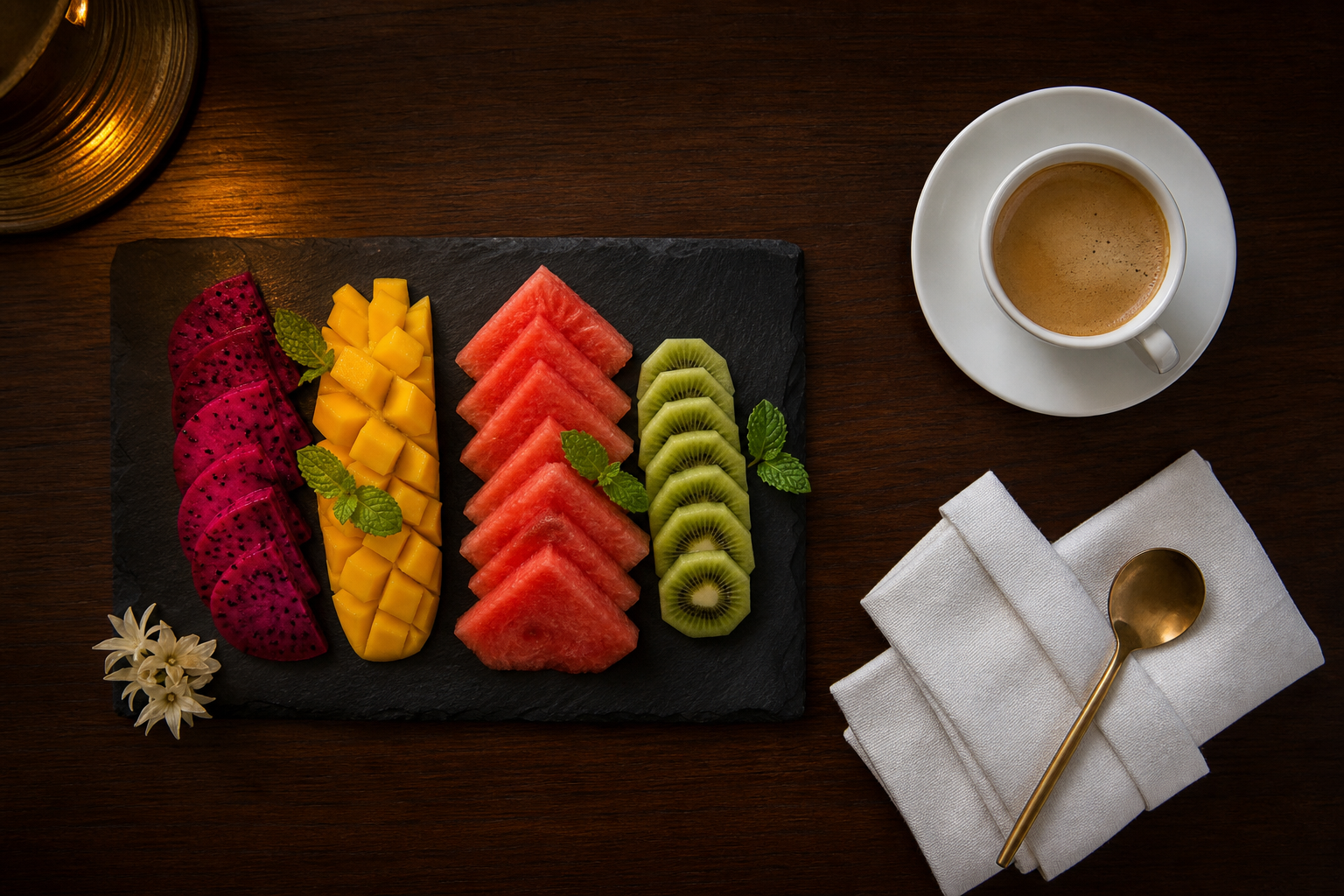 Fresh-cut fruit platter and Starbucks coffee served after the massage