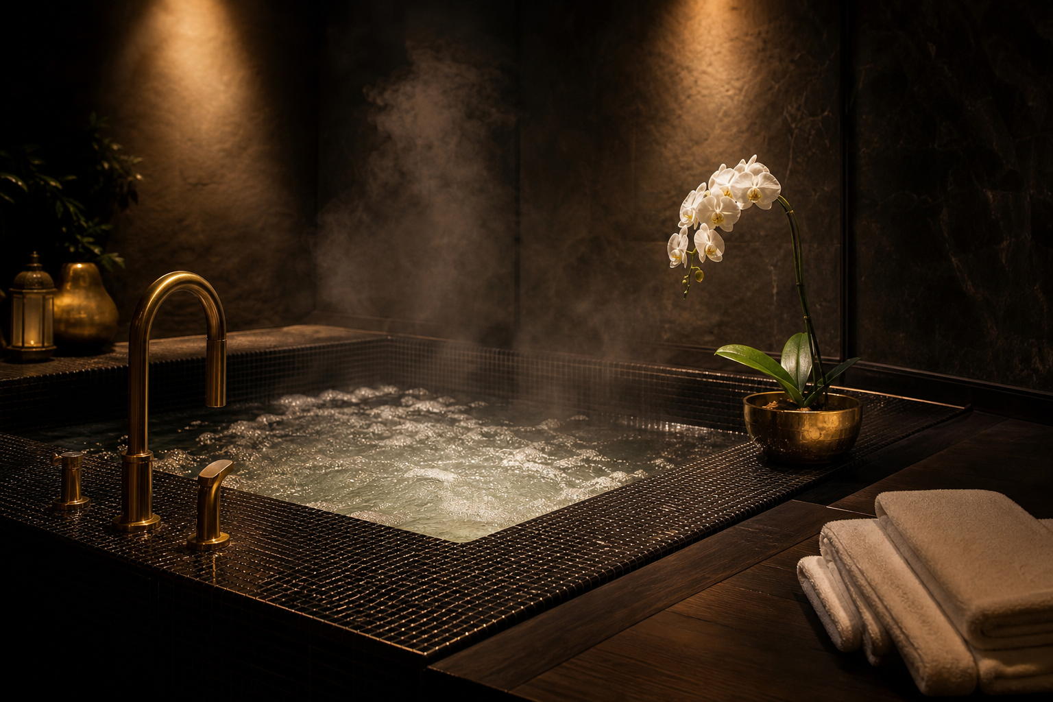 Private jacuzzi suite at Back Spa with steam and gold fixtures