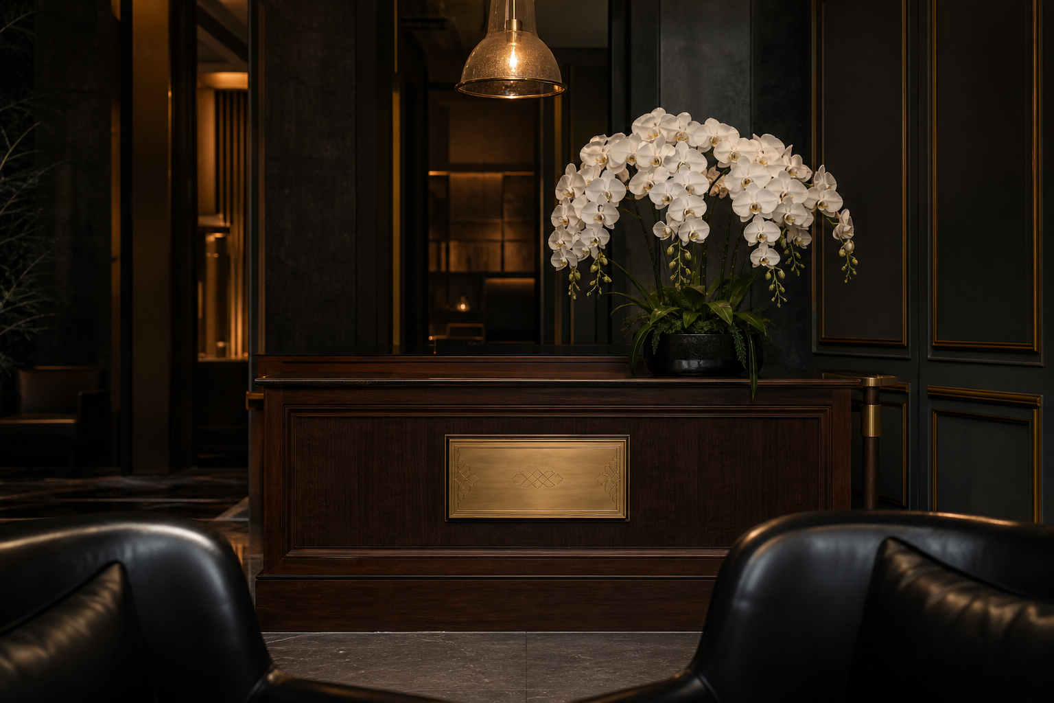 Moody dark reception with brass signage and orchid arrangement
