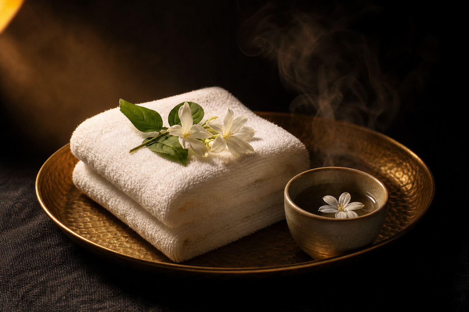 Folded warm jasmine towel on a brass tray — Back Spa welcome ritual