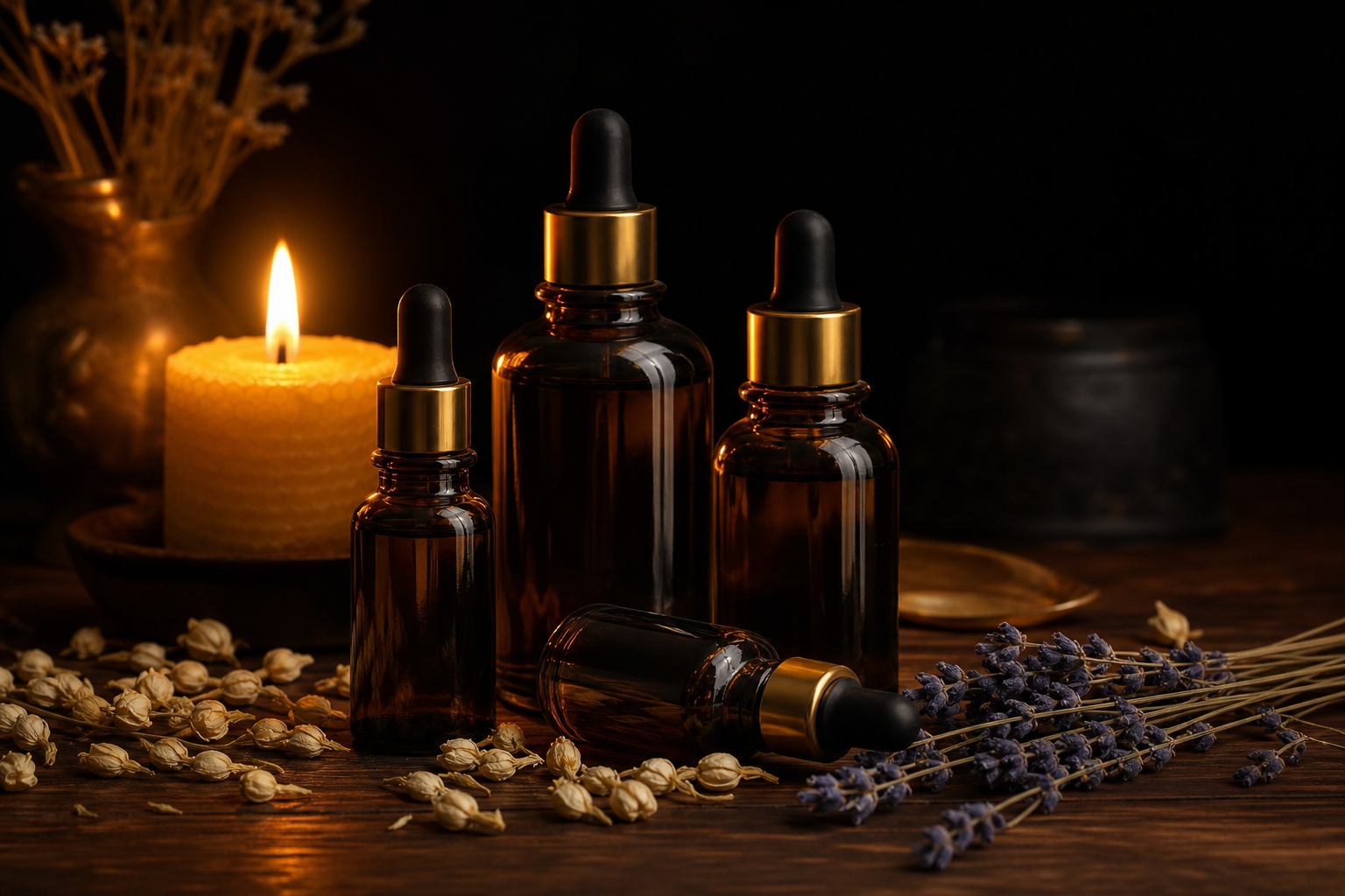Amber essential oil bottles by candlelight — aroma oil massage Bangkok