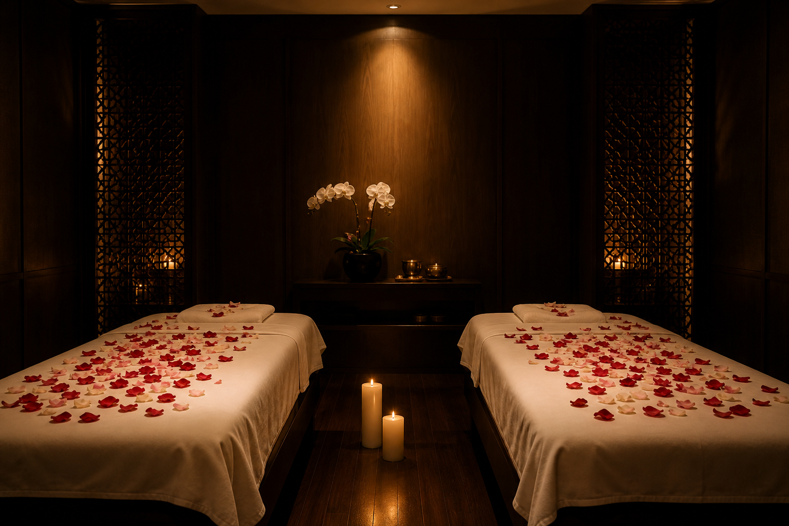Twin massage beds with rose petals and candlelight — couples massage Bangkok