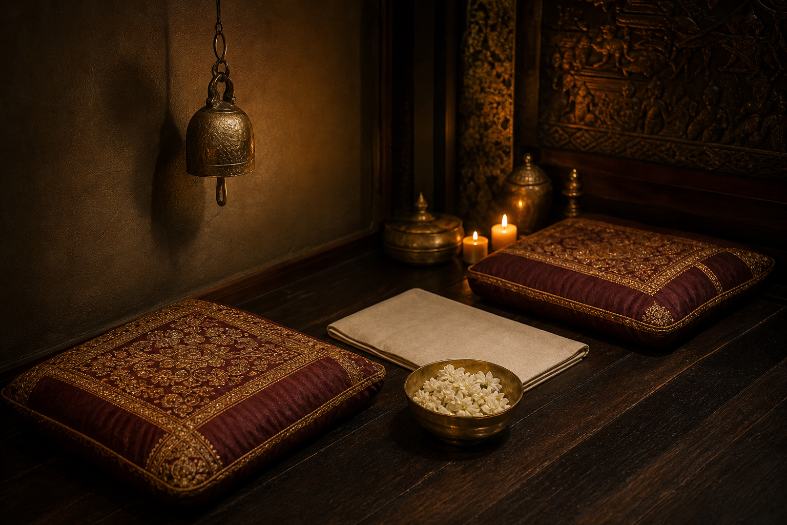 Silk pillows and brass bowls in a traditional Thai massage room